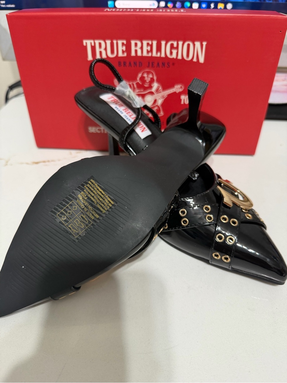 True Religion Black Patent Pointed-Toe Mules with Gold Hardware - Picture 6 of 9